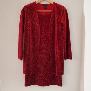 SOCIAL CIRCLES 4P Red Velour Sparkle Long Sleeve Dress *Faux 2-Pc* Retro Holiday